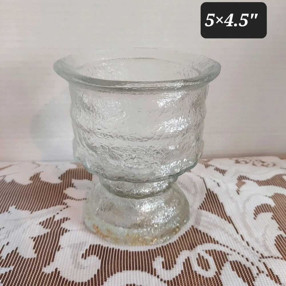 Crisa USA Vintage Textured Ice Glass Pedestal Vase Candle Holder Brutalist 5x4.5